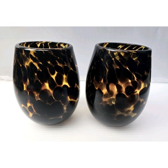 Hand Blown Stemless Tortoise Shell Wine Glass Amber Leopard Pattern Set of 2 - Picture 3 of 12